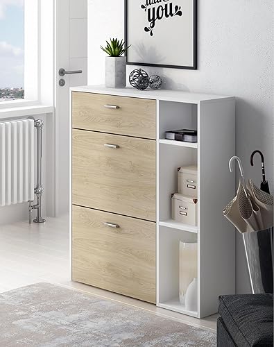 Skraut Home | Meuble À Chaussures | 102 x 90 x 26 cm | Capacité pour 12 Paires De Chaussures | 2 Portes Battantes + 1 Tiroir | Modèle De Vent | Fini Blanc/Chêne - Nail Gallerys