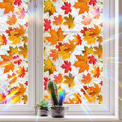 Tanlaby Feuille D'érable Film Fenetre Anti Regard Effet Arc en Ciel Film Fenetre Plantes Anti-Collision Stickers Réutilisables Double Face pour Fenêtre Café Verre Porte Décoration - Nail Gallerys