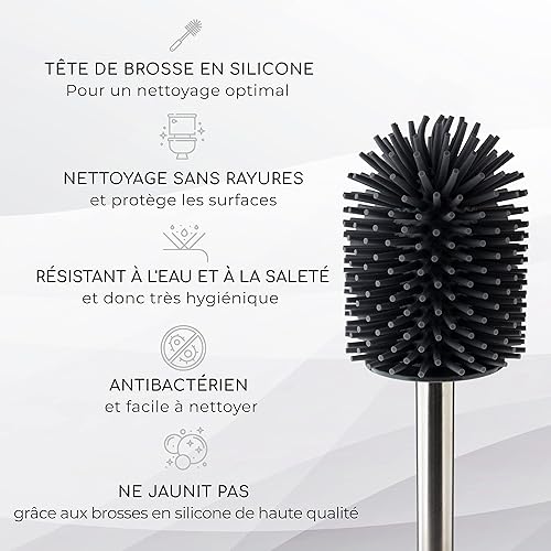 EXITOSO Brosse WC Silicone Support Sol - Brosse Toilette Silicone avec Pinceau - Balayette Balai WC Silicone Antibactérien Gris Noir - Brosse de Toilette Silicone Balai Toilette WC Silicone Souple - Nail Gallerys