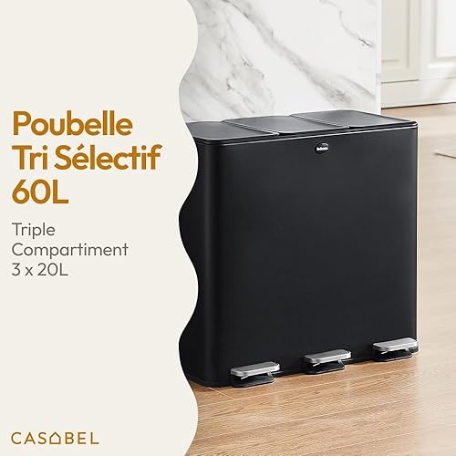 CASABEL Poubelle Tri Sélectif 3x20L, Acier Inox Blanc, Poubelle 60L Cuisine Recyclage Rectangulaire à Pédales, Anti Traces, Anti Odeurs, Systèmes de Tri des Déchets, Poubelle Tri Selectif 3 Bac - Nail Gallerys