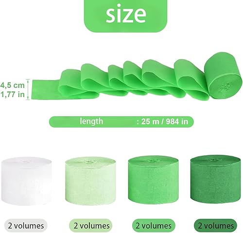 Papier crépon, papier crépon vert clair, vert, vert foncé, blanc, ruban de papier crépon arc-en-ciel pour décoration de fête, décorations de mariage, 4,5 cm x 25 m, 8 rouleaux - Nail Gallerys