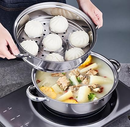 SUYUKU Cuiseur vapeur en acier inoxydable avec couvercle pour une utilisation sur gaz, électrique, induction et cuisinières de 28 cm, 30 cm, 32 cm (2 niveaux, 30 cm) - Nail Gallerys