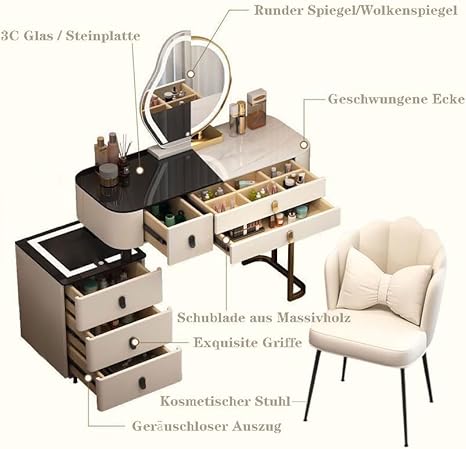 Coiffeuse avec Miroir et Lumière LED pour Votre Fille, 3 Couleurs Luminosité Réglable, Table de Maquillage avec Tabouret, Grands tiroirs Coiffeuse pour Femmes et Filles, Moderne - Nail Gallerys