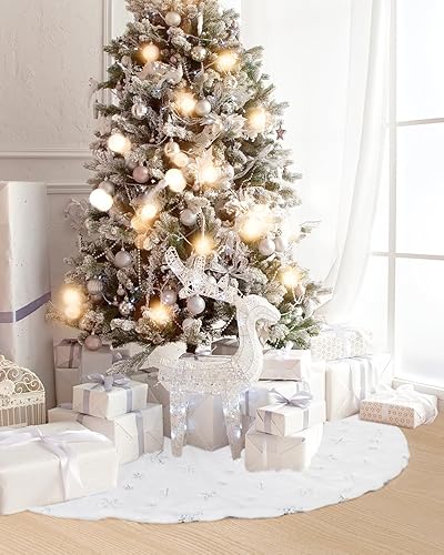 Jupe Sapin de Noël, Blanc Fausse Fourrure Cache Pied Sapin de Noel, 122 cm Ronde Tapis Sapin Noel Couvre-Pied de Sapin avec Flocons de Neige Argentés - Nail Gallerys