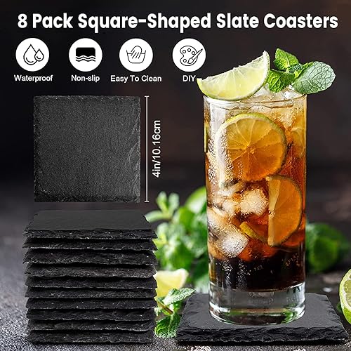 MIVIDE 8pcs sous-Verre en Ardoise - 10x10cm Dessous de Verre - Résistant à la Chaleur - Base Antidérapante - Conçu pour Boisson, Tasse, Bar, Verre - Nail Gallerys