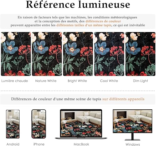 HUGEAR Tapis de couloir à motif floral - 60 x 180 cm - Lavable - Noir - Antidérapant - Style bohème - Léger et doux - Pour salle de bain, salle à manger, buanderie, salon - Nail Gallerys