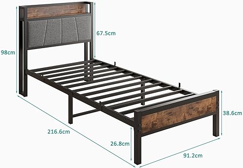 BORPHOM Cadre de Lit Simple 90 x 200 cm en Métal Rembourré - Avec Tête de Lit et Sommier à Lattes - Design Moderne - Lit d'Appoint pour Enfant - Gris - Nail Gallerys