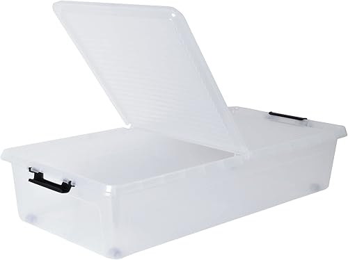 Dynamic24 Lot de 4 commodes à roulettes - 36 l - 80 cm - Couvercle à jouets - Boîte de rangement - Boîte de rangement plate - Commodes sous le lit - Transparent - Fermetures à clip - Nail Gallerys