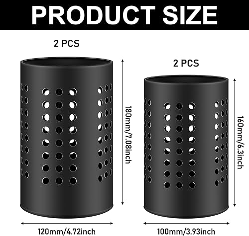 Molbory Lot de 2 porte-ustensiles de cuisine noirs - 18 x 12 cm et 16 x 10 cm - Égouttoir à couverts - Organisateur d'ustensiles de cuisine en acier inoxydable - Porte-cuillère de cuisine rond - Nail Gallerys