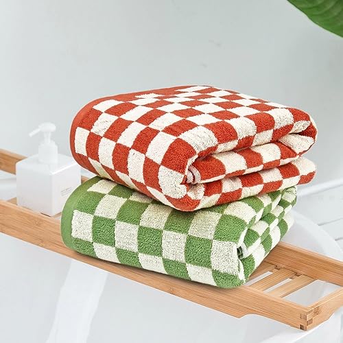 Jacquotha Lot de 2 Serviettes de Bain/Plage/Piscine à Carreaux Très Douces et à séchage Rapide 140 x 70 cm Orange et Vert - Nail Gallerys