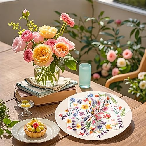 60 Pcs Serviettes de Coloré doux à Motif Fleur Jetables, Serviettes Cocktail Été Fleurs Printemps Serviette de Table Papier Décoratives pour Fournitures de Fête de Dîner, Anniversaire, Mariage,33x33cm - Nail Gallerys