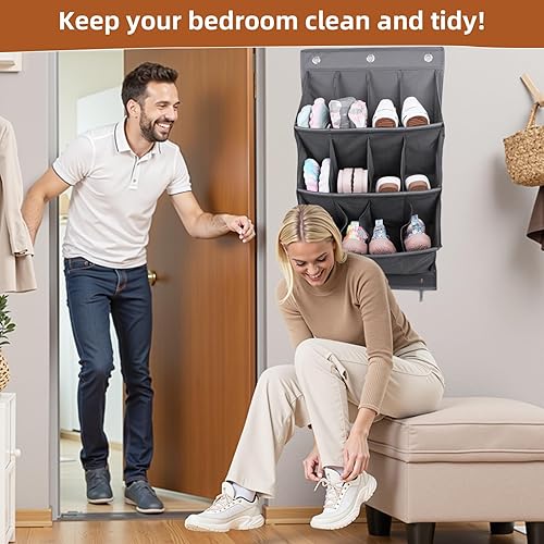LJEC Rangement Chaussures Suspendu Avec 12 Poches Profondes Et 6 Crochets, Porte Chaussures Mural, Organiseur, Noir Tissu En Lin,Rangement Camping Car Pour Chaussures, Accessoires De Maison，Gris - Nail Gallerys