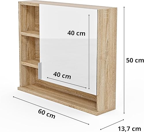 HAJDUK FURNITURE Armoire Toilette Miroir Sonoma 60x50 cm, Meuble Salle de Bain, Étagères Armoire Murale avec Miroir Armoire Toilette Meuble WC Suspendu, Étagères Droite - Nail Gallerys
