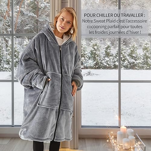O³ Pull Plaid Géant [ Taille XL - Fermeture Éclair ] Couverture avec Manches et Capuche en Polaire - Ultra Doux et Chaud - Idéal pour Les Nuits d'hiver - Nail Gallerys