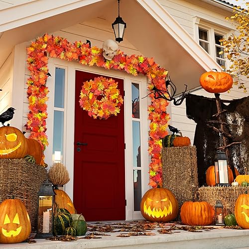 Guirlandes de Feuilles d'érable Artificielles, 2 Pièces Artificielles Feuilles Automne Guirlande avec 4 Crochets Décoration pour cheminée, Jardin, Automne, Halloween, Thanksgiving,Interieur Exterieur - Nail Gallerys