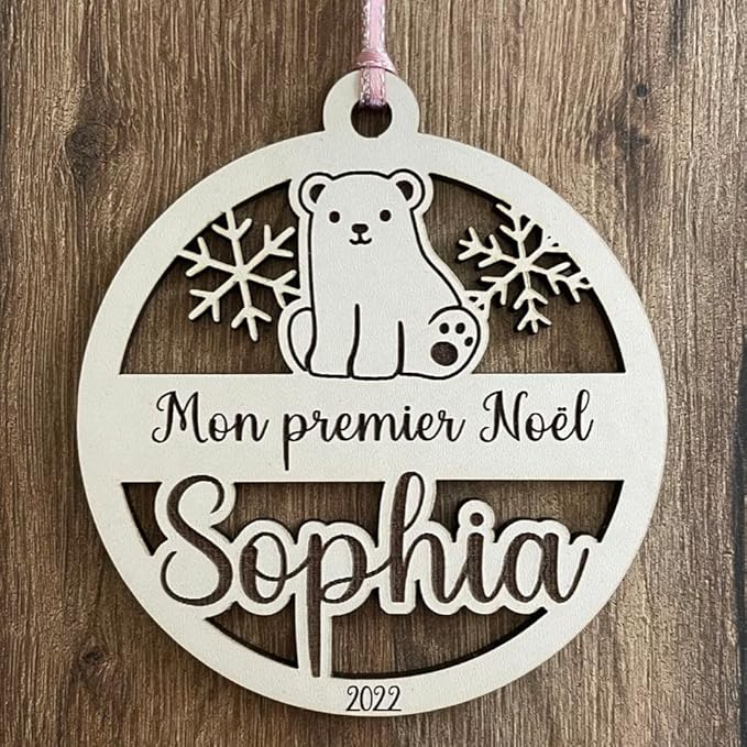Boule Mon 1er Noel Boule de Noël en Bois personnalisée prénom Mon Premier Noël Motif Ourson, décoration de Sapin de noël Personnalisable - Nail Gallerys