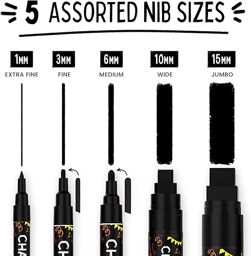 Chalkola Blanc Marqueurs à Craie Lot de 5 Stylos Effaçables à sec Blancs pour Tableau Noir, Toile, Fenêtres, Verre - Pack de Variétés - Pointes Fine et Géante (1mm, 3mm, 6mm, 10mm, 15mm) - Nail Gallerys