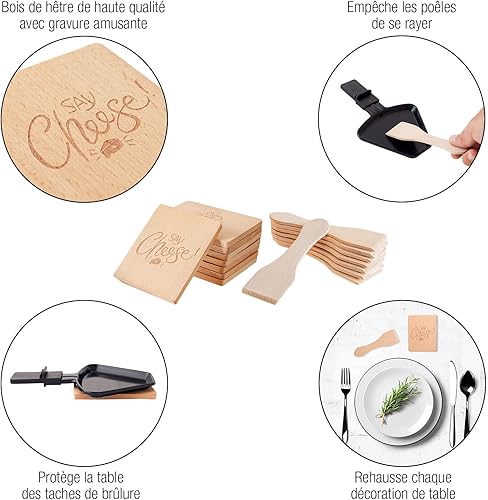AMAZY Lot de 16 Accessoires Appareil à Raclette: 8 Spatules en Bois + 8 Dessous de Plat en Bois pour Poêlons à Raclette - Set Raclette pour Un Service à Raclette 8 Personnes, en Bois de Hêtre - Nail Gallerys
