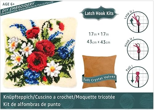 ROCKY&CHAO Tapis à nouer soi-même - Avec taie d'oreiller - 43 x 43 cm - Pour adultes et enfants - Accessoire de maison (bouquet de fleurs) - Nail Gallerys