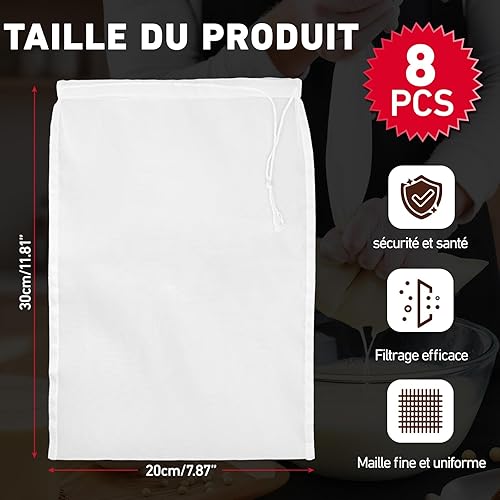 Aerzouser 8 Pièces Nut Milk Bag，30 x 20 cm，Sac à Lait Végétal en Nylon Avec Cordon de Serrage, Sac à Lait, étamine Alimentaire pour Filtrer le Lait de Noix, Les jus de Fruits et de Légumes (8 Pièces) - Nail Gallerys