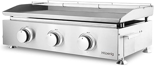 H.Koenig Plancha PLX930 au Gaz 3 Brûleurs U Acier Inoxydable, Alimentation au Gaz Propane ou Butane, Répartition Homogène de la Chaleur, Température réglable jusqu'à 350°C, Pieds Antidérapants - Nail Gallerys