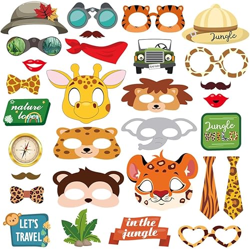 Dusenly Lot de 30 accessoires de photomaton d'animaux amusants à faire soi-même - Accessoires photo de la jungle - Animaux de la forêt - Pour enfants - Pour anniversaire, fête prénatale - Nail Gallerys