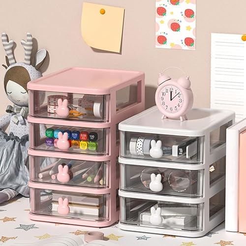 NRVTRE Tour de Rangement Plastique, 2/3/4/5 Tiroirs, Petite Tour de Rangement en Plastique Tiroir avec Poignée Lapin, Idéale Rangement Bureau, Accessoires 13,4x17cm (Blanc, 4 Tiroirs, Hauteur 21cm) - Nail Gallerys