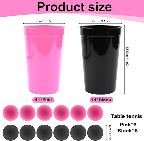 Lot de 34 gobelets à bière pong - 22 gobelets et 12 balles - Noir et rose - Réutilisables - 700 ml - En plastique dur - Pour anniversaire, mariage, pique-nique, fête en famille - Nail Gallerys