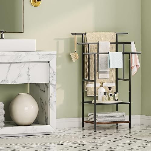 HOOBRO Porte-Serviettes sur Pieds, Range-Serviettes, avec 3 Barres, Support Salle de Bain, 2 étagères, Étendoir, pour Serviettes, Couvertures, Journaux, Marron Rustique et Noir EBF05LB01 - Nail Gallerys