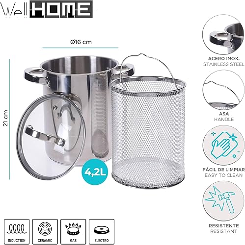 Well Home Casserole à asperges en acier inoxydable Ø16 x 21 cm de fond encapsulé et couvercle en verre - Nail Gallerys