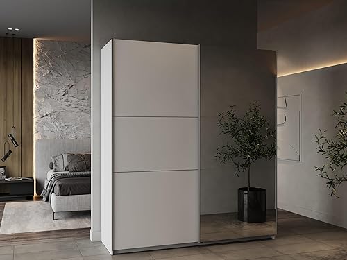 Demeyere Armoire Porte Coulissante avec Miroir & Penderie Moderne – Coloris Blanc Mat & Finitions Métal - 178,1 x 59,9 x 203 cm - Nail Gallerys