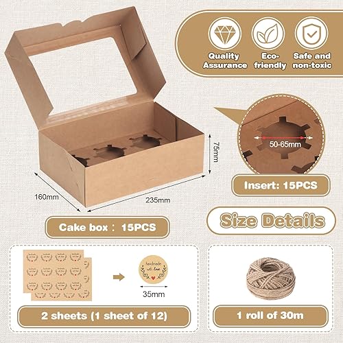 Coolty 15pcs Fold-free Boîtes à Cupcakes 6 Trous avec Fenêtre et Insert Boîte d'emballage Cadeau pour Muffins Cupcakes Petits Gâteaux Desserts Biscuits et Tartes (Marron) - Nail Gallerys