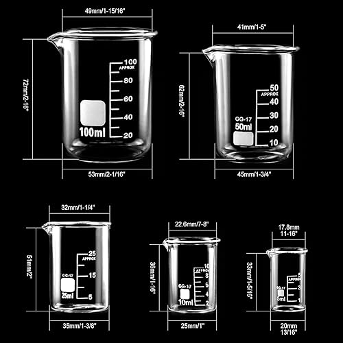 Beekeg Lot de 5 petits verres doseurs 5 ml + 10 ml + 25 ml + 50 ml + 100 ml pour verres doseurs de laboratoire - Nail Gallerys