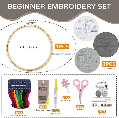 Prampe 3 Sets Kit Broderie, Kit de Démarrage de Broderie avec Motif Floral, DIY Embroidery Starter Kit, Kit Broderie Point de Croix pour Débutants Adultes Femmes Bricolage - Nail Gallerys