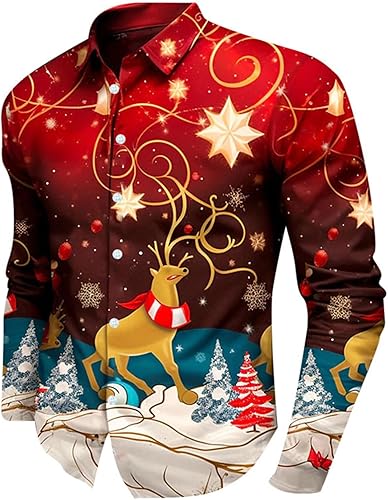 Dasongff Chemise de Noel Homme Manches Longues Imprimé 3D arbre de Noël 2024 Décontracté Col à Revers Grande Taille Chemises Bouton Coupe Slim Shirt Hauts Classique Christmas Chemise imprimée Casual - Nail Gallerys