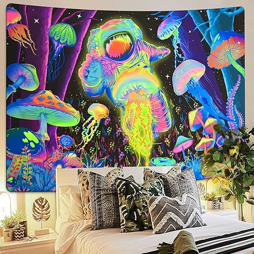 Alishomtll Tapisserie abstraite à lumière noire, impression UV, psychédélique, décoration murale astronaute, art mural pour chambre à coucher, 210 x 150 cm - Nail Gallerys