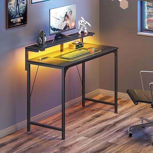 Rolanstar Bureau Blanc, Bureau Gaming avec LED, Prise et Support Écran, Table d’Ordinateur Moderne 100x47 cm pour Chambre et Travail à Domicile - Nail Gallerys