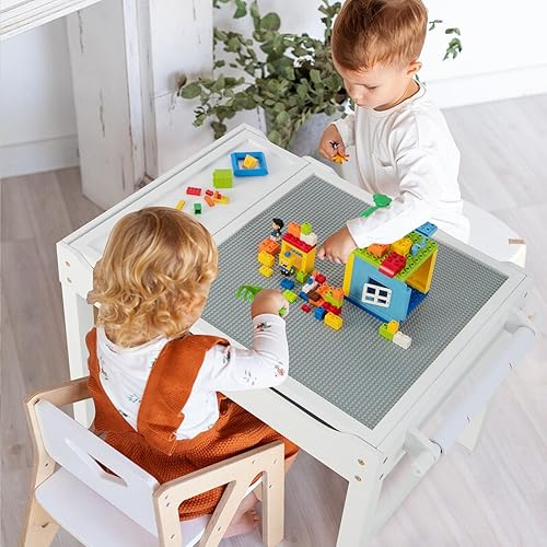 LIFEZEAL 2 en 1 Bureau à Dessin & Table de Blocs de Construction avec Espace de Rangement, Plateau Réversible, Rouleau de Papier, Table Multi-Activités en Bois pour Enfant 3 Ans+ (Blanc) - Nail Gallerys
