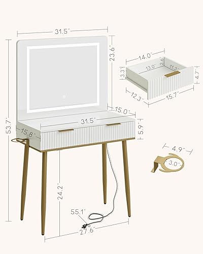 HEYZOEY Coiffeuse avec grand miroir, éclairage LED, 3 couleurs réglables, table cosmétique moderne avec 2 tiroirs, blanche - Nail Gallerys