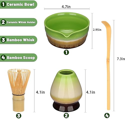 Service à matcha japonais Collection complète pour cérémonie avec fouet en bambou (Chasen), cuillère, tamis en acier inoxydable, bol en grès et support pour fouet (C) - Nail Gallerys