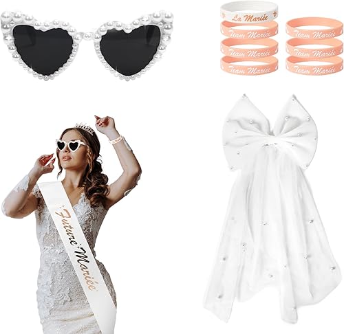 Accessoires Evjf Voile de Enterrement de Vie de Jeune Fille Voile de Mariée Blanc Perle Cheveux Arc Lunettes de Soleil Coeur Echarpe Future Mariée Bracelet Mariée et Team Accessoire Pour Fiançailles - Nail Gallerys
