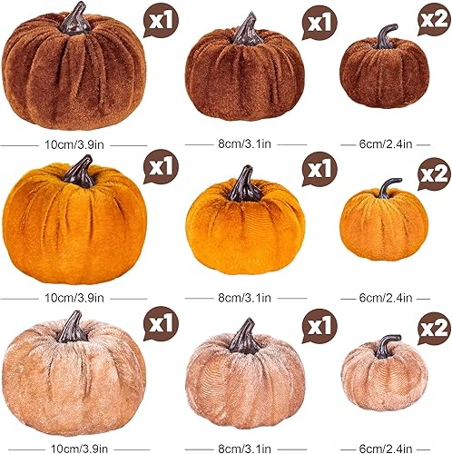 Whaline Lot de 12 citrouilles artificielles en Velours - 3 Tailles - Orange - Marron - Kaki - Petite Citrouille d'automne - Décoration de fête pour l'automne, Thanksgiving, Halloween - Nail Gallerys