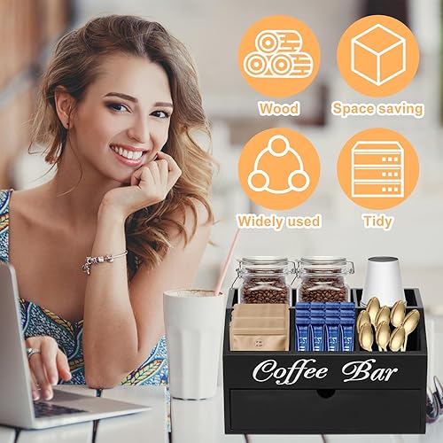 Organiseur de station de café avec tiroir à 5 compartiments - Boîte à thé vintage en bois pour dosettes de café, condiments - Pour comptoir, sucres et édulcorants (noir) - Nail Gallerys