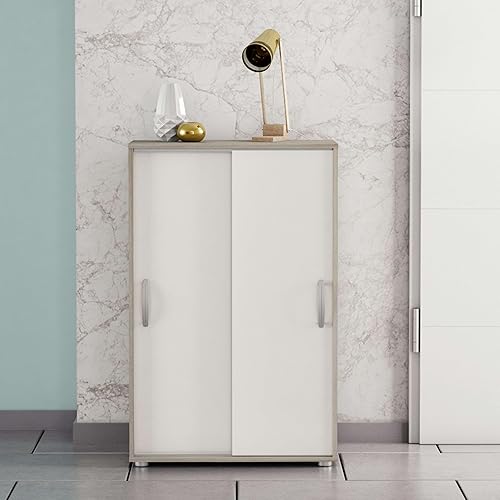 Meuble auxiliaire Miroyengo avec Deux Portes coulissantes en Blanc et chêne 68x33x106 cm - Nail Gallerys