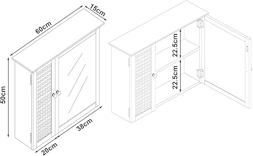 [en.casa] Armoire Murale de Salle de Bain avec Miroir Placard Suspendu avec 2 Portes et 2 Étagères Meuble de Rangement MDF PVC Effet Rotin 50 x 60 x 15 cm Blanc - Nail Gallerys