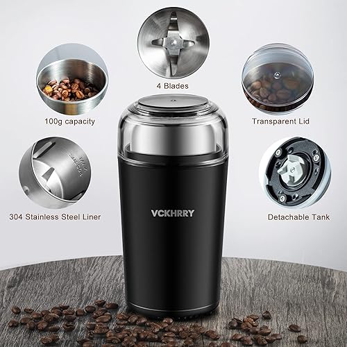 VCKHRRY Moulin à Café Électrique 400W Moulin à Épices 100 g Gobelet de Broyage Amovible et Lavable 4 Lames en acier Inoxydable, Haricots, Herbes, Graines et Céréales - Nail Gallerys