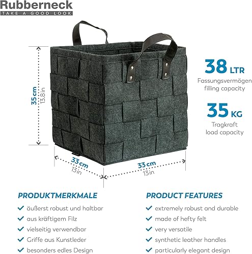 Rubberneck Panier en Feutre avec Poignées en Cuir Synthétique - Rangement pour Bois, Journaux, Jouets - 33 x 33 x 35 cm, Gris Anthracite - Nail Gallerys