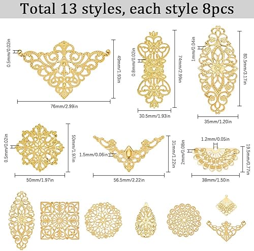 SUNNYCLUE 104 pcs Connecteurs en Filigrane Doré Résultats de Bijoux en Filigrane Pièces en Filigrane en Métal Losange Fleur Liens Connecteur en Filigrane Charmes Lustre Charme pour la Fabrication de B - Nail Gallerys