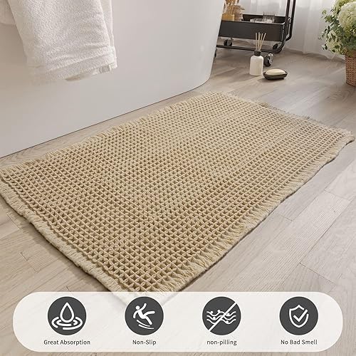 LUARTO Tapis de bain gaufré, super absorbant à séchage rapide, style bohème, antidérapant, doux, confortable, lavable en machine (marron, 61 x 43 cm) - Nail Gallerys