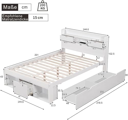 Seyakany Lit 140 x 190 avec sommier,lit 2 Personne avec Port USB,tiroirs et Armoire de Rangement,Cadre de lit 140x190,sans Matelas,Blanc (140x190) - Nail Gallerys